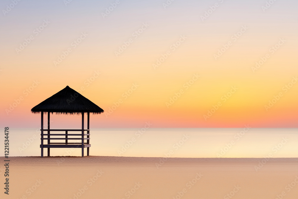 A lifeguard tower stands on the sandy beach as the sunset casts a warm glow over the horizon, creating a peaceful atmosphere with gentle waves lapping at the shore A lifeguard tower stands on the sandy beach as the sunset casts a warm glow over the horizon, creating a peaceful atmosphere with gentle waves lapping at the shore