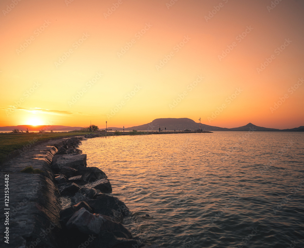 Nice sunset over lake Balaton at Fonyód, Hungary