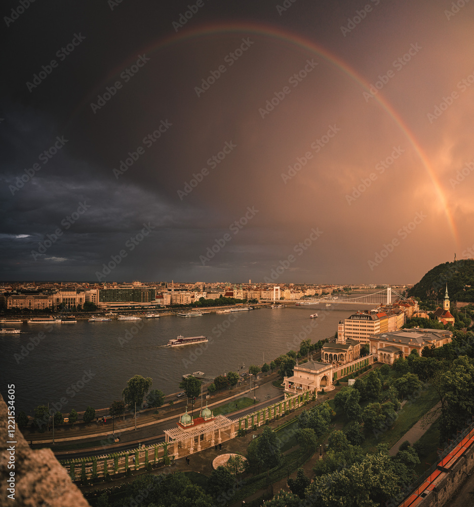 Rainbow over the famous Chain Bridge in Budapest, Hungary