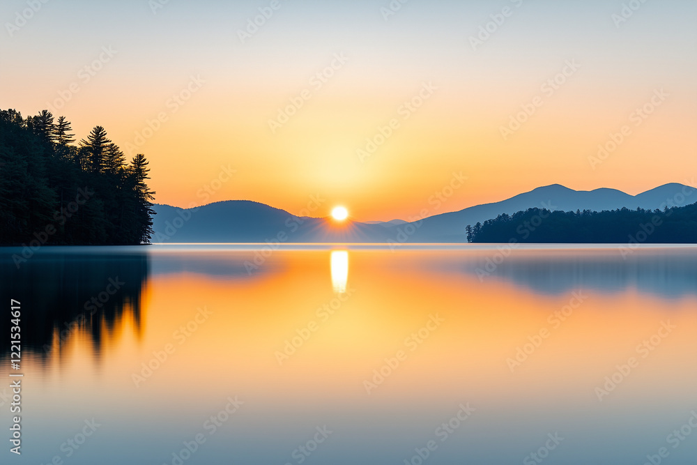 As the sun sets behind distant mountains, vibrant colors reflect on the calm waters of the lake, creating a serene atmosphere surrounded by trees and nature As the sun sets behind distant mountains, vibrant colors reflect on the calm waters of the lake, creating a serene atmosphere surrounded by trees and nature