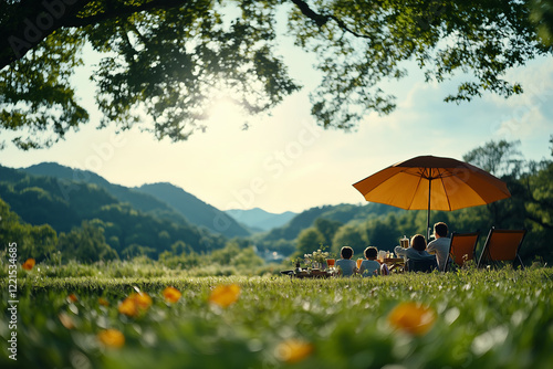 Family enjoys a sunny picnic under an orange umbrella in a lush green landscape with distant mountains