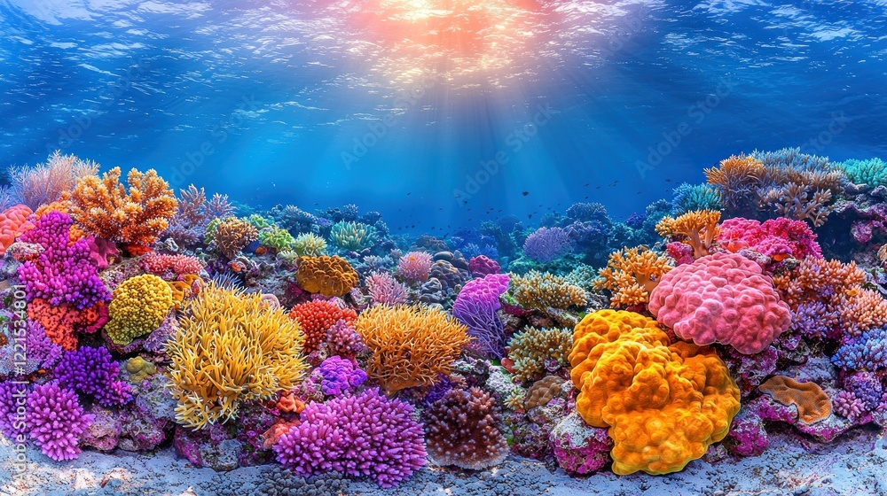Fototapeta premium Vibrant Underwater Coral Reef Panorama: A Colorful Ocean Ecosystem