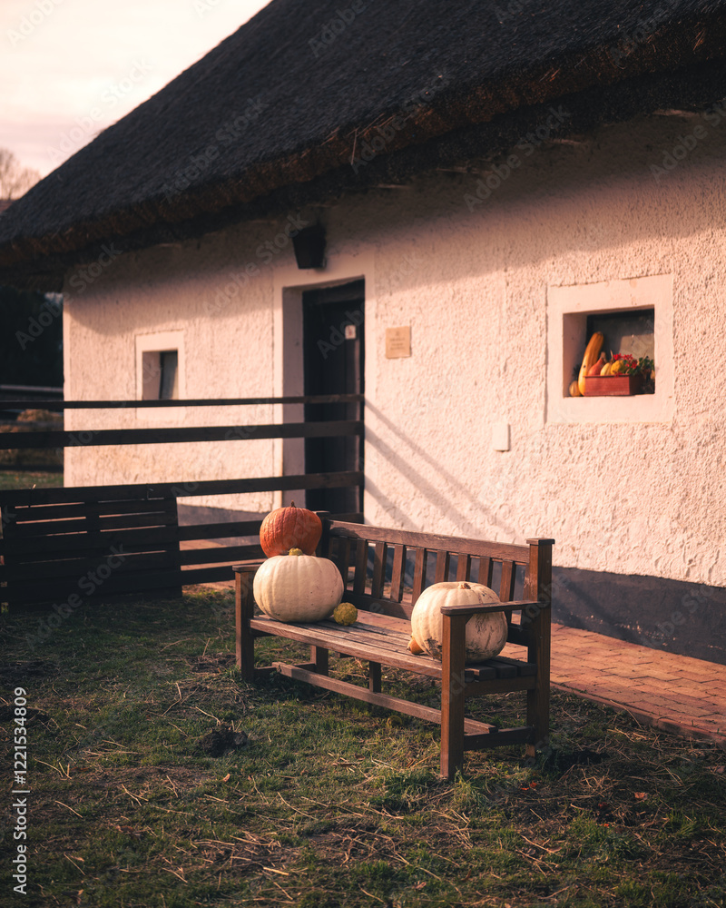 Traditional thatched roof house in Szántódpuszta, Hungary in winter