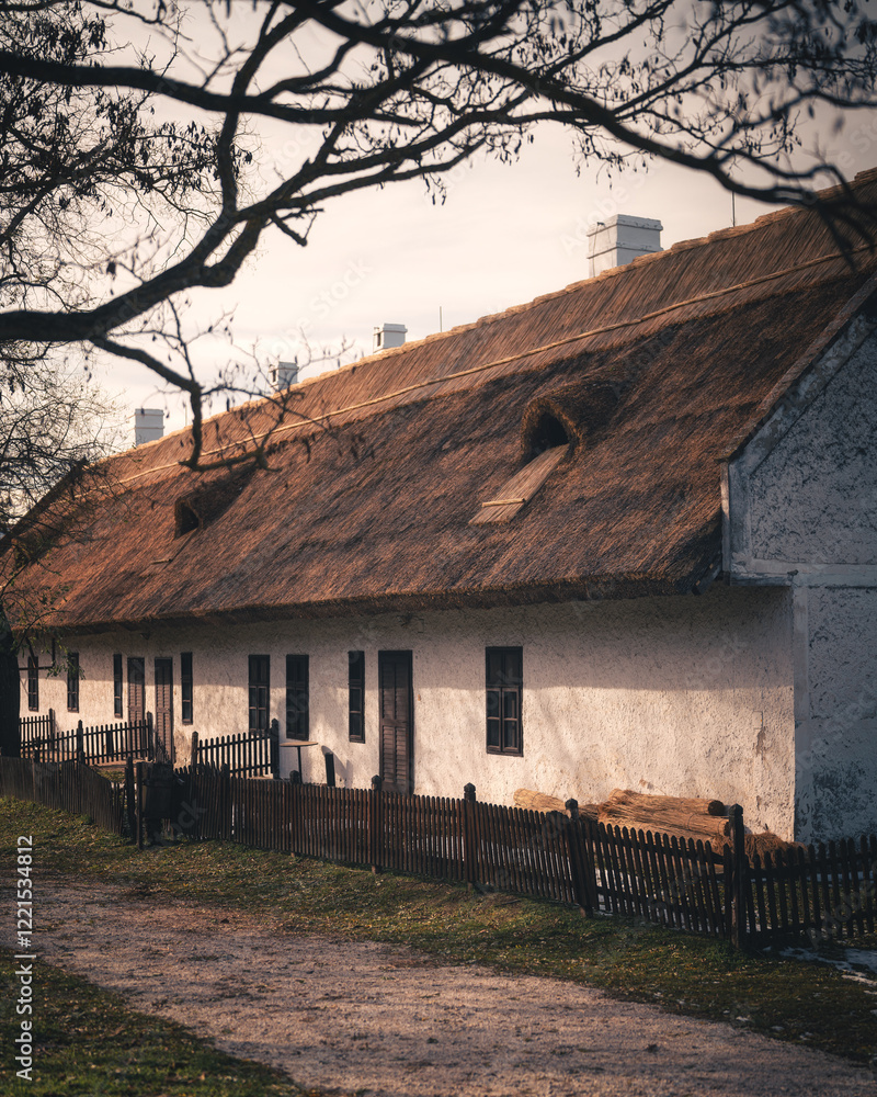 Traditional thatched roof house in Szántódpuszta, Hungary in winter