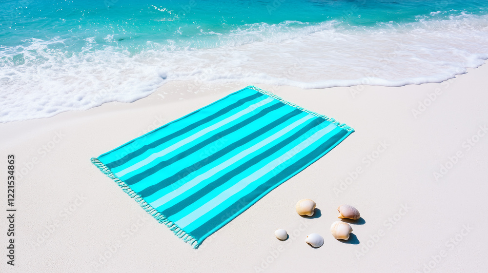 A large beach towel in vibrant stripes is laid out on the soft, white sand