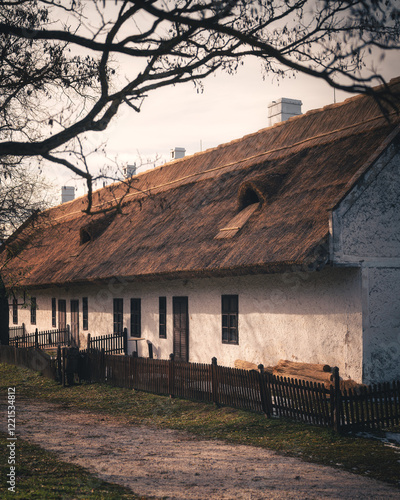 Obraz na płótnie Traditional thatched roof house in Szántódpuszta, Hungary in winter w salonie