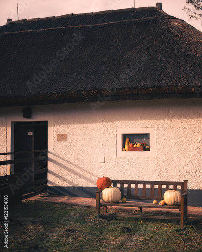 Traditional thatched roof house in Szántódpuszta, Hungary in winter