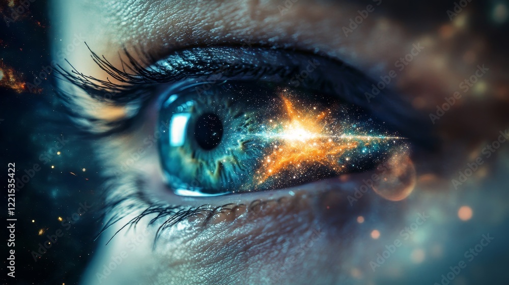 A close-up of a human eye reflecting a galaxy, blending reality with cosmic imagery, symbolizing wonder, exploration, and the mysteries of the universe. A close-up of a human eye reflecting a galaxy, blending reality with cosmic imagery, symbolizing wonder, exploration, and the mysteries of the universe.