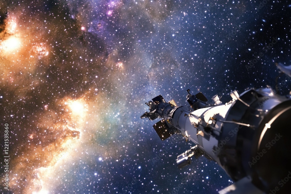 Naklejka premium A space station floating in the vastness of a galaxy, perfect for sci-fi or futuristic concepts