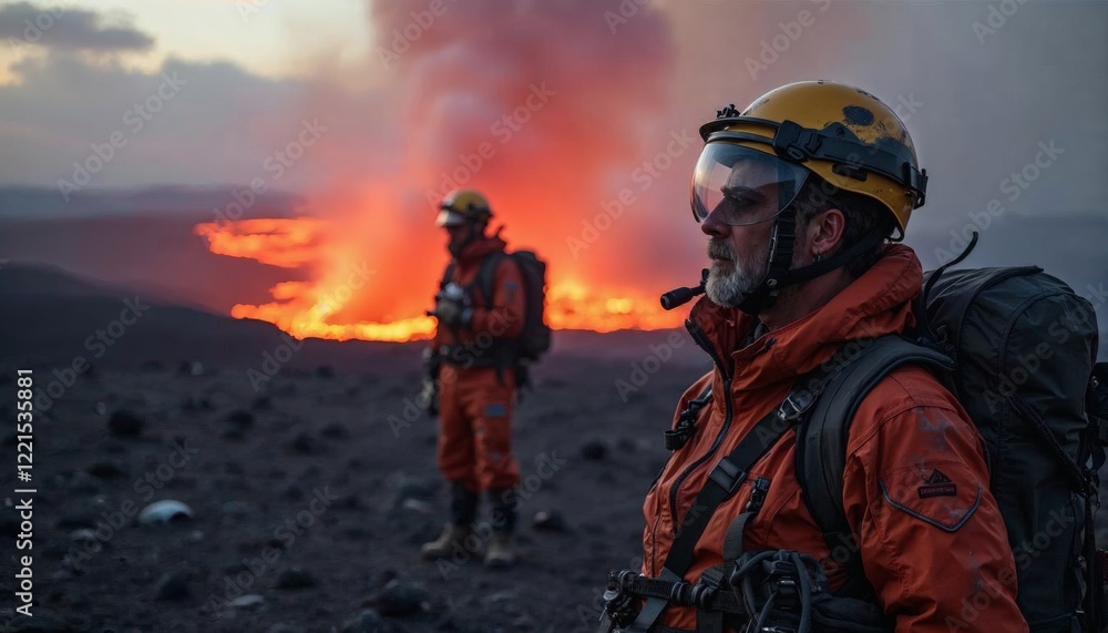 Naklejka premium Volcano Eruption Rescue Team Dramatic Scene