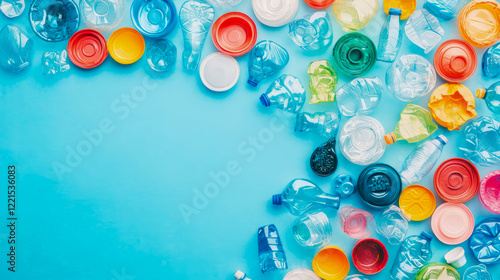 Colorful Plastic Waste Recycling Concept: A Collection of Crumpled and Whole Plastic Bottles and Lids on a Blue Surface photo