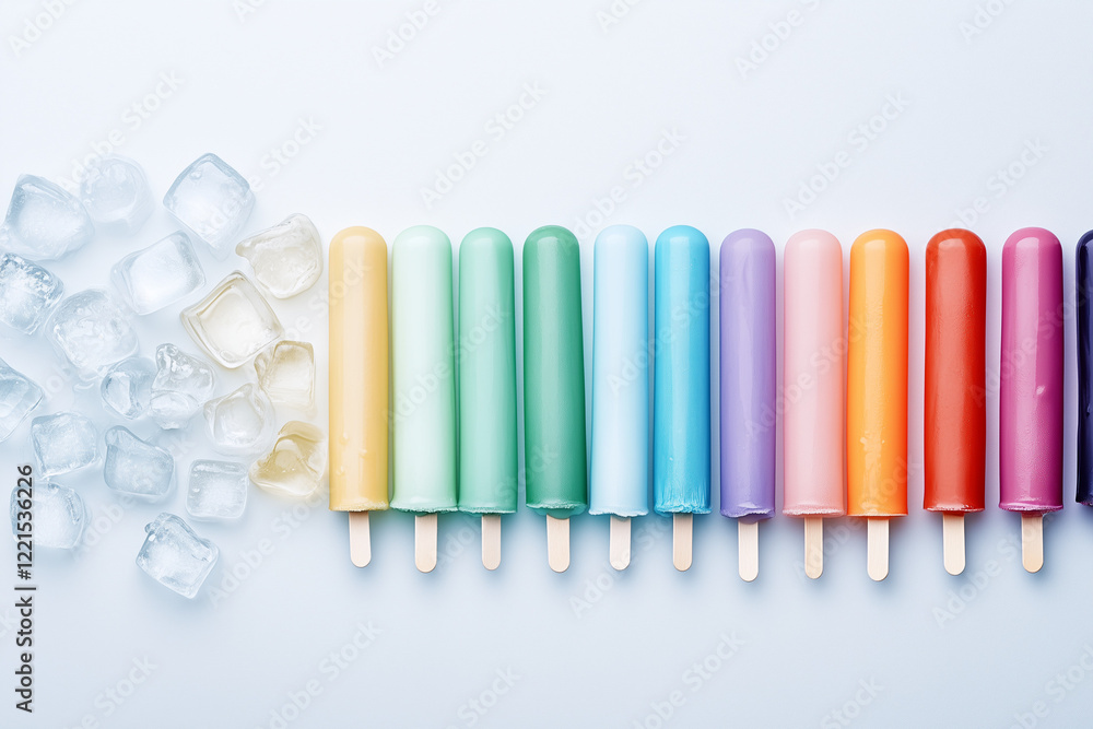 A vibrant assortment of frozen popsicles sits neatly in a row, showcasing various colors and flavors. Cool ice cubes are scattered nearby, enhancing the refreshing atmosphere A vibrant assortment of frozen popsicles sits neatly in a row, showcasing various colors and flavors. Cool ice cubes are scattered nearby, enhancing the refreshing atmosphere