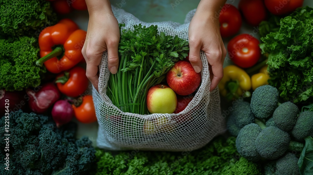 Fototapeta premium Sustainable grocery shopping with reusable white mesh bag surrounded by fresh vegetables and fruits