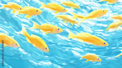 Fototapeta Naklejka Na Ścianę i Meble -  Vibrant yellow fish schooling near golden coral reef in ocean. Golden Reef. Illustration