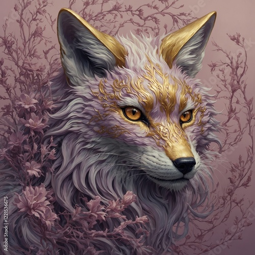 A bewitching gilded kitsune, its fur a mesmerizing hue of mauve, captured in intricate line art. This image, a digital painting, showcases the mythical creature in stunning detail. Every stroke of the photo