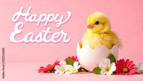 A Cute Easter Chick Emerging from Its Egg Surrounded by Beautiful Flowers and Colors. Happy Easter.