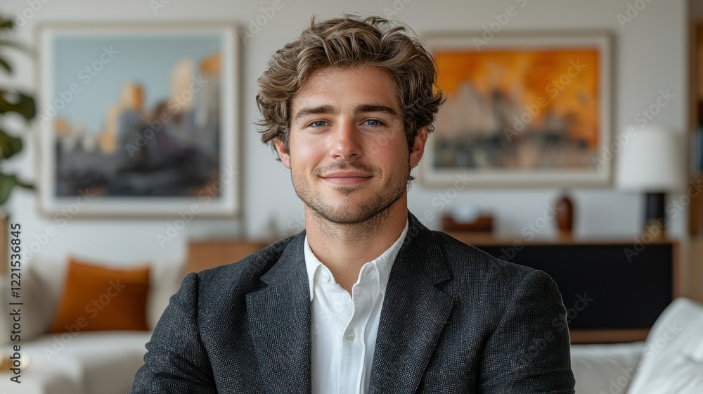 Naklejka premium Portrait of a Handsome Young Man in a Modern Living Room