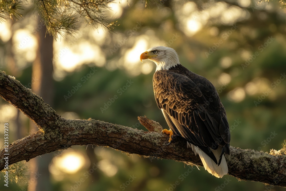 Majestic bald eagle perched on a tree branch at sunset, showcasing its powerful presence. Majestic bald eagle perched on a tree branch at sunset, showcasing its powerful presence.