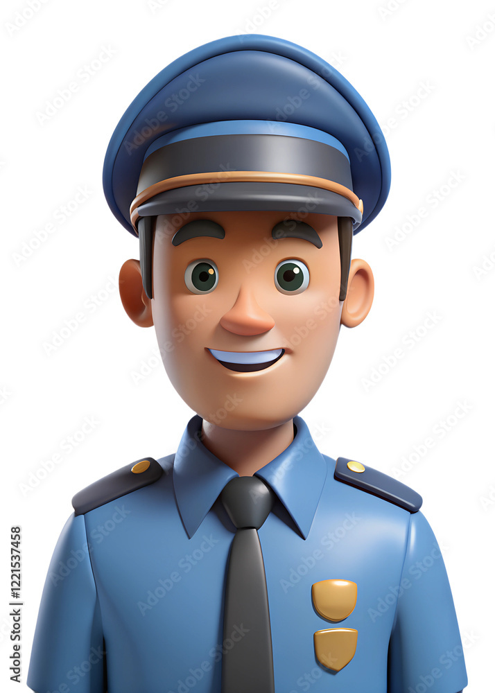 A smiling male character in a police uniform, looking at camera. Concept of law enforcement, safety, security, police department. A smiling male character in a police uniform, looking at camera. Concept of law enforcement, safety, security, police department.