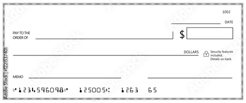 Blank bank cheque. Personal desk check template with empty field to fill.	