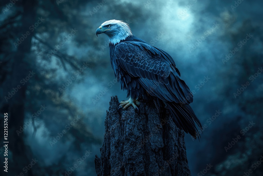 Fototapeta premium Majestic bald eagle perched on a dark, ancient tree stump in a mystical, foggy forest.