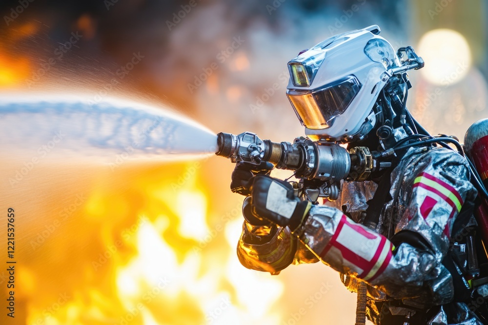 A firefighter using a hose to extinguish a fire A firefighter using a hose to extinguish a fire