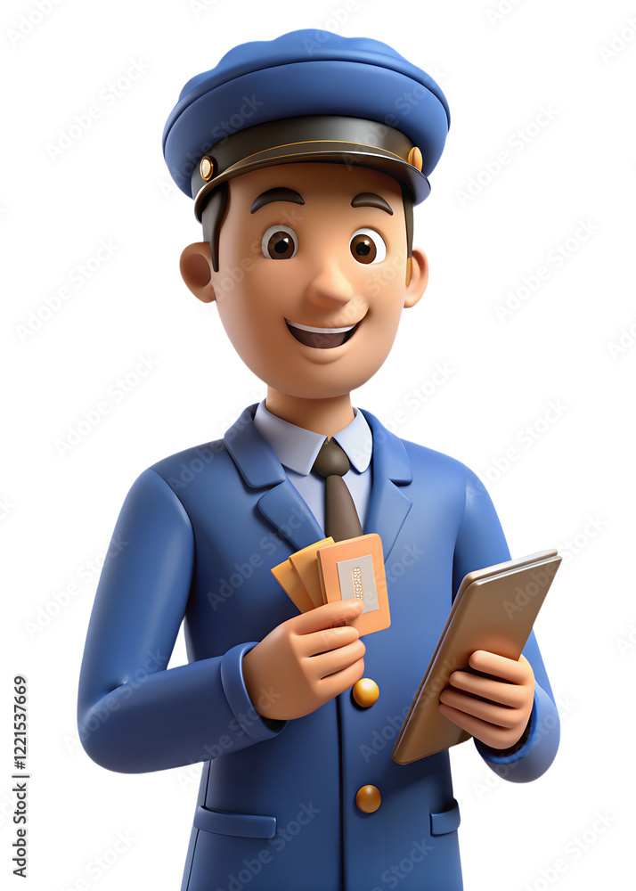 Conductor smiling holding tickets and tablet on white background with copy space