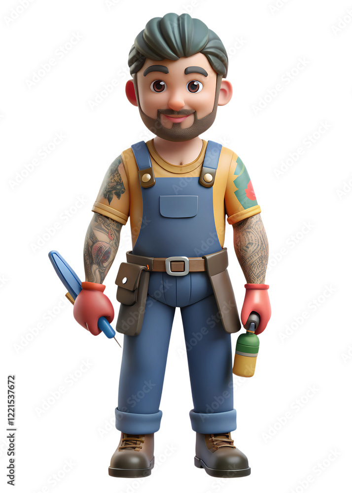 Man holding tool, spray, smiling, gazing, concept of tattoo art, body art, beauty, repair. Man holding tool, spray, smiling, gazing, concept of tattoo art, body art, beauty, repair.
