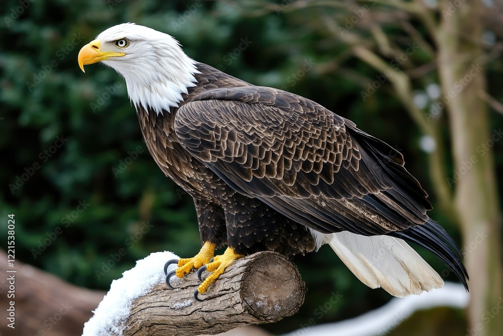 Fototapeta premium Majestic bald eagle perched on a snow-dusted log, showcasing its powerful build and striking plumage.