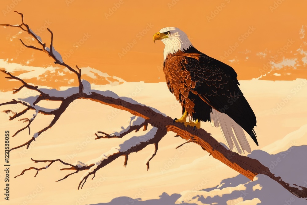 Fototapeta premium A majestic bald eagle perched on a snow-covered branch against a warm sunset.