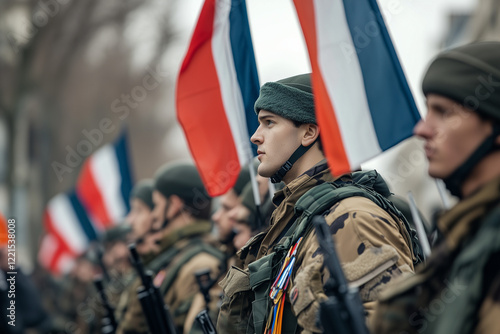 Soldiers in uniform holding French flags during a military parade photo