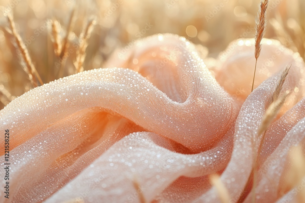 Fototapeta premium Peach-colored fabric with dew drops, resting gently on sunlit grass.