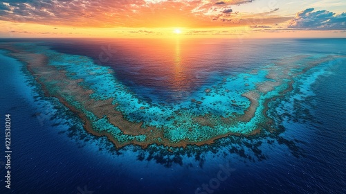 Fototapeta Naklejka Na Ścianę i Meble -  Aerial View of the Great Barrier Reef at Sunset
