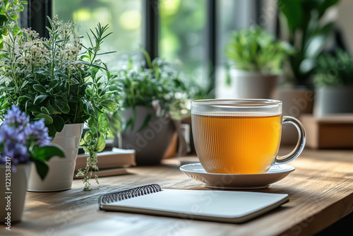 A modern minimalist desk setup with plants a notebook and a cup of herbal tea creating a clean tech-free work environment that promotes mental clarity and focus