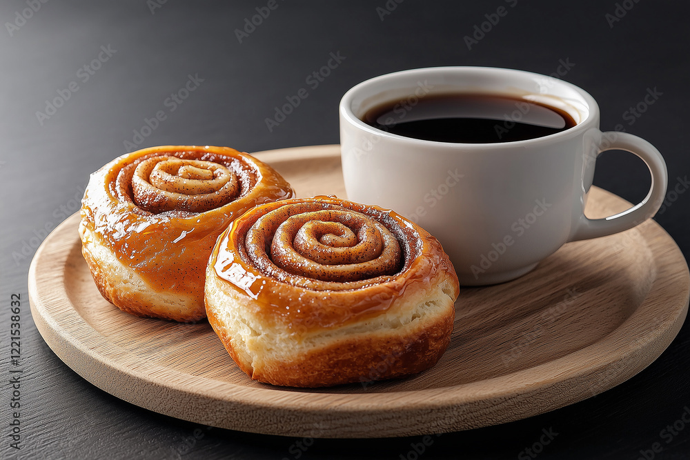 Enjoying fresh cinnamon rolls with a cup of coffee on a wooden plate in a cozy setting Enjoying fresh cinnamon rolls with a cup of coffee on a wooden plate in a cozy setting