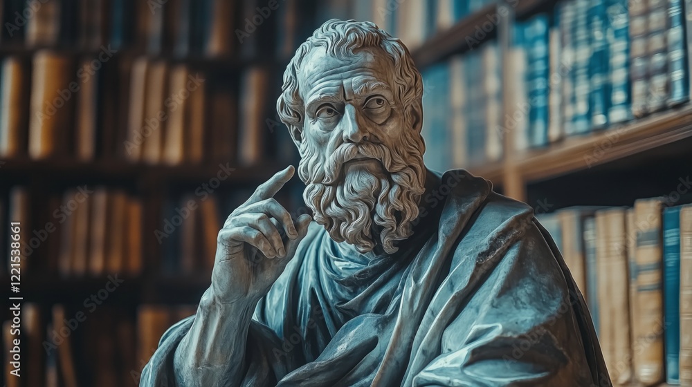 Naklejka premium Timeless marble philosopher statue in library setting for artistic inspiration and academic themes