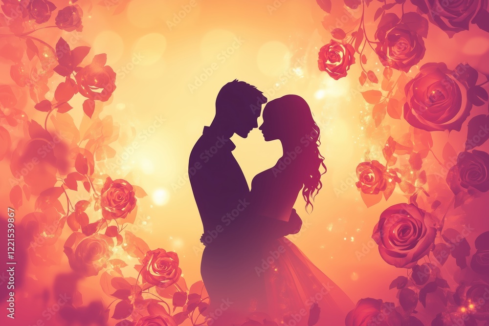 Couple embraced by Valentine roses and warm pink-orange colors Couple embraced by Valentine roses and warm pink-orange colors