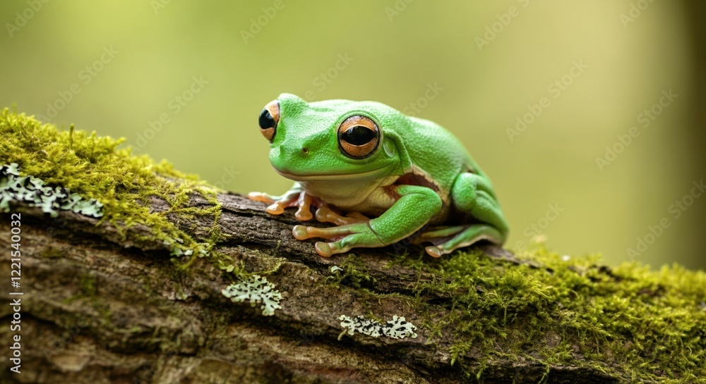 Green frog resting on a mossy log in a serene natural setting Green frog resting on a mossy log in a serene natural setting