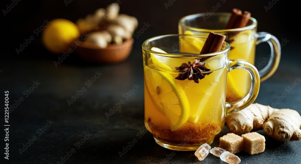 Warm ginger tea with lemon, cinnamon, and star anise in glass mugs