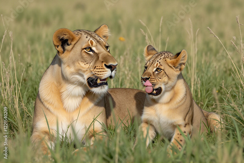 Lioness resting in tall grass with playful cubs nearby photo