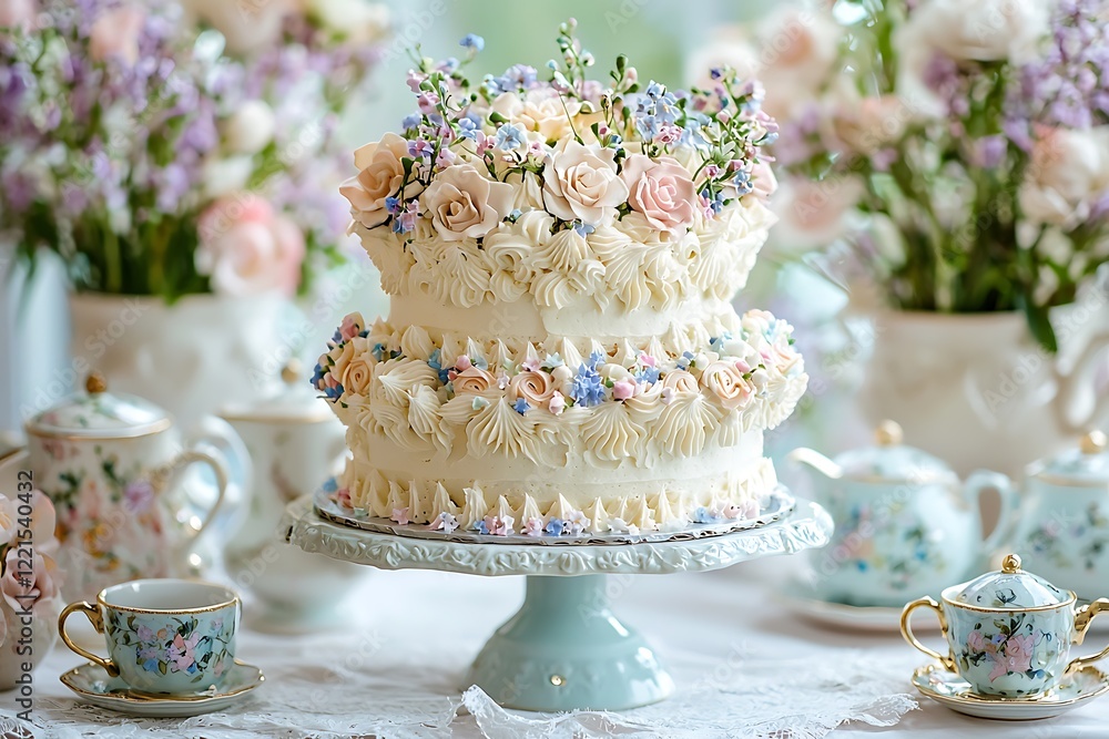 Fototapeta premium A vintage tea party featuring an intricately designed cake with floral piping and elegant teapots