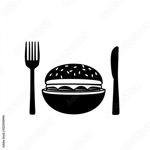 Simple black and white burger with fork and knife photo