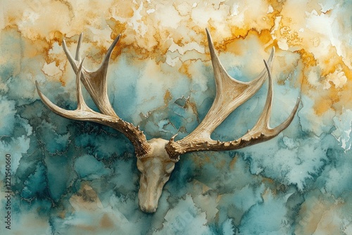 A deer skull with antlers against a textured, teal and gold watercolor background. photo