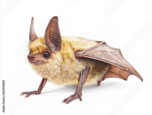 Lesser Mouse-eared Bat (Myotis blythii) - A biologically accurate hand-drawn illustration with its delicate frame, light brown fur, and elongated wings, isolated on white