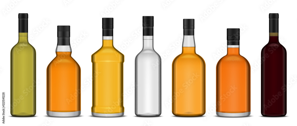 Fotografie Vector different types of alcoholic drink bottles without labels
