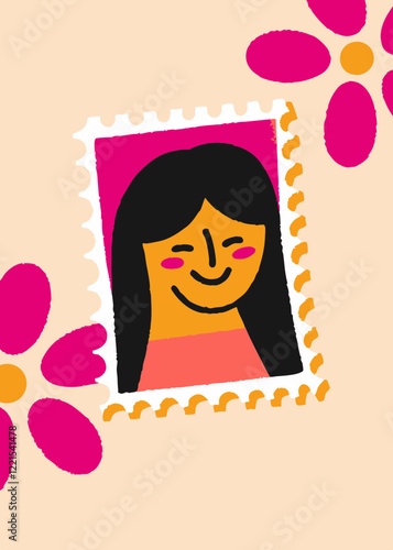 Smiling woman in stamp-style portrait looking at camera, fuchsia flowers, peach background. Concept of beauty portraits, postal art, feminine design