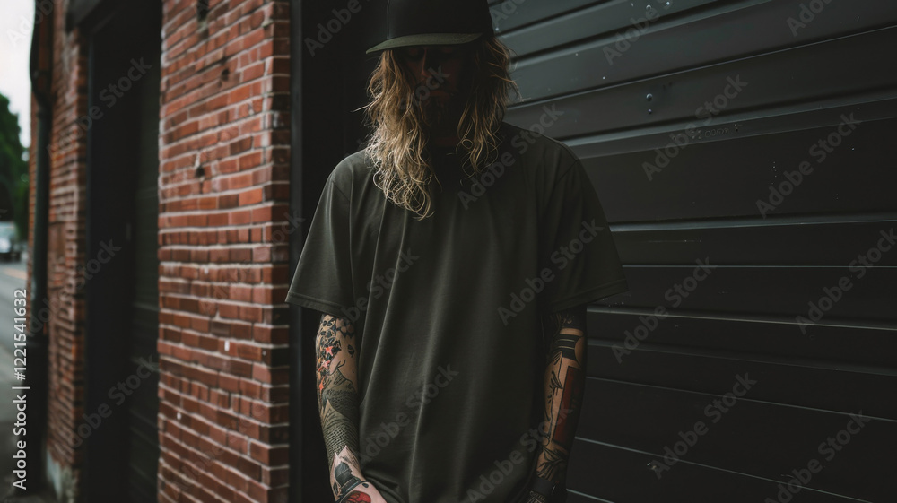 Naklejka premium Male model, with arm tattoos, wearing green blank labeled t-shirt. Ideal for logo placement. Ecommerce, product or branding background in modern style. 