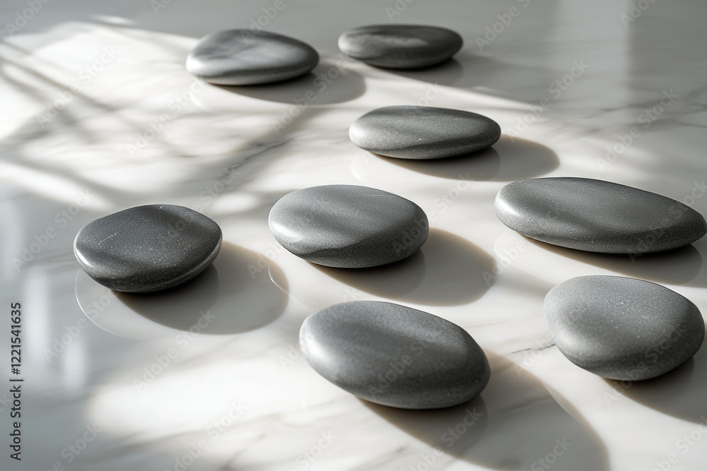 Seven smooth gray stones arranged on a white marble surface, bathed in sunlight. Seven smooth gray stones arranged on a white marble surface, bathed in sunlight.