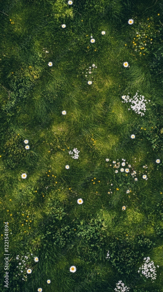 Obraz premium A serene view of a lush green meadow dotted with delicate white and yellow flowers. Nature’s beauty invites peace and tranquility into your life. Generative AI.