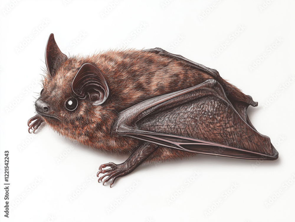 Serotine Bat (Eptesicus serotinus) - A detailed hand-drawn depiction, broad body, dark brown fur, and smooth wing structure, isolated on a clean white background Serotine Bat (Eptesicus serotinus) - A detailed hand-drawn depiction, broad body, dark brown fur, and smooth wing structure, isolated on a clean white background